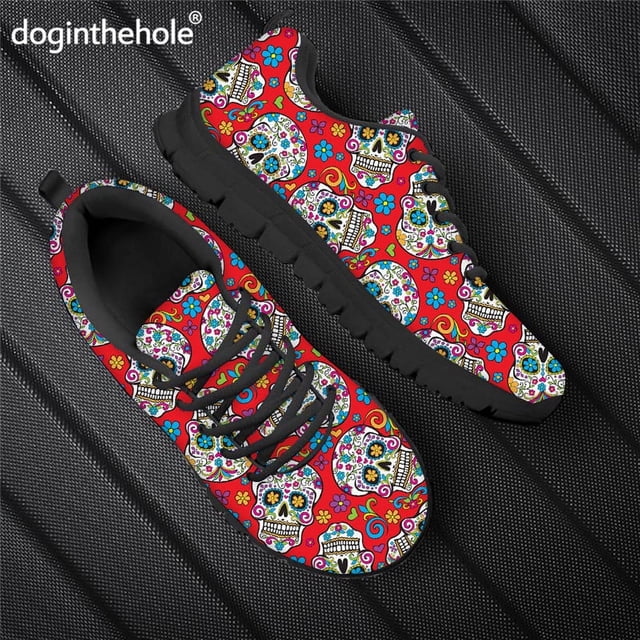 Zapatillas deportivas informales con estampado de calavera de azúcar de Doginthehole para mujer, zapatos planos con cordones para exteriores, calzado para caminar para mujer