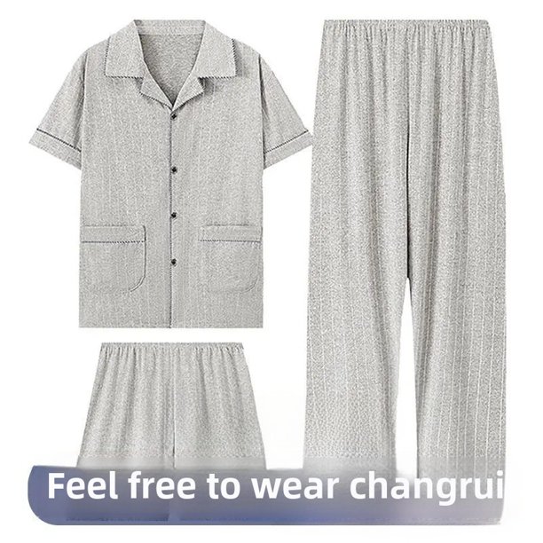 Ropa de dormir de verano de algodón puro para hombre, conjunto de tres piezas, pantalones largos de manga corta, pantalones cortos finos de talla grande, conjunto de ropa para el hogar