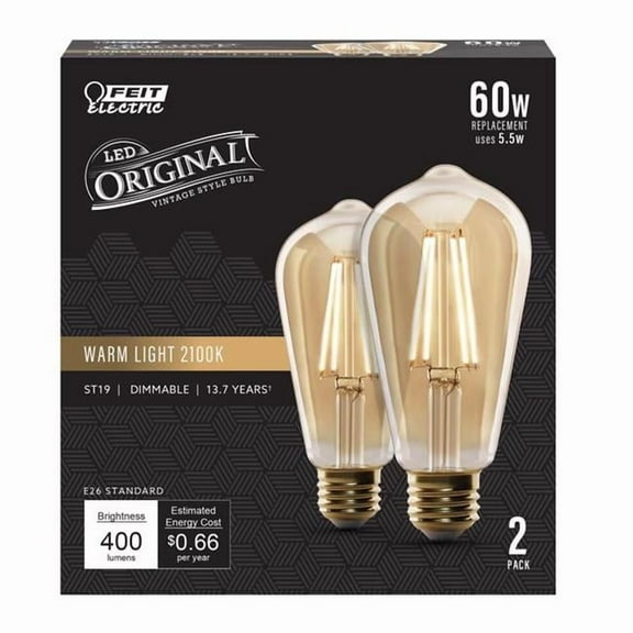 Feit Electric 5.5W (60W Replacement) ST19 E26 Dimmable Straight Filament Amber Glass Vintage Edison LED Light Bulb, Warm Light (2-Pack) ST19/VG/LED/2