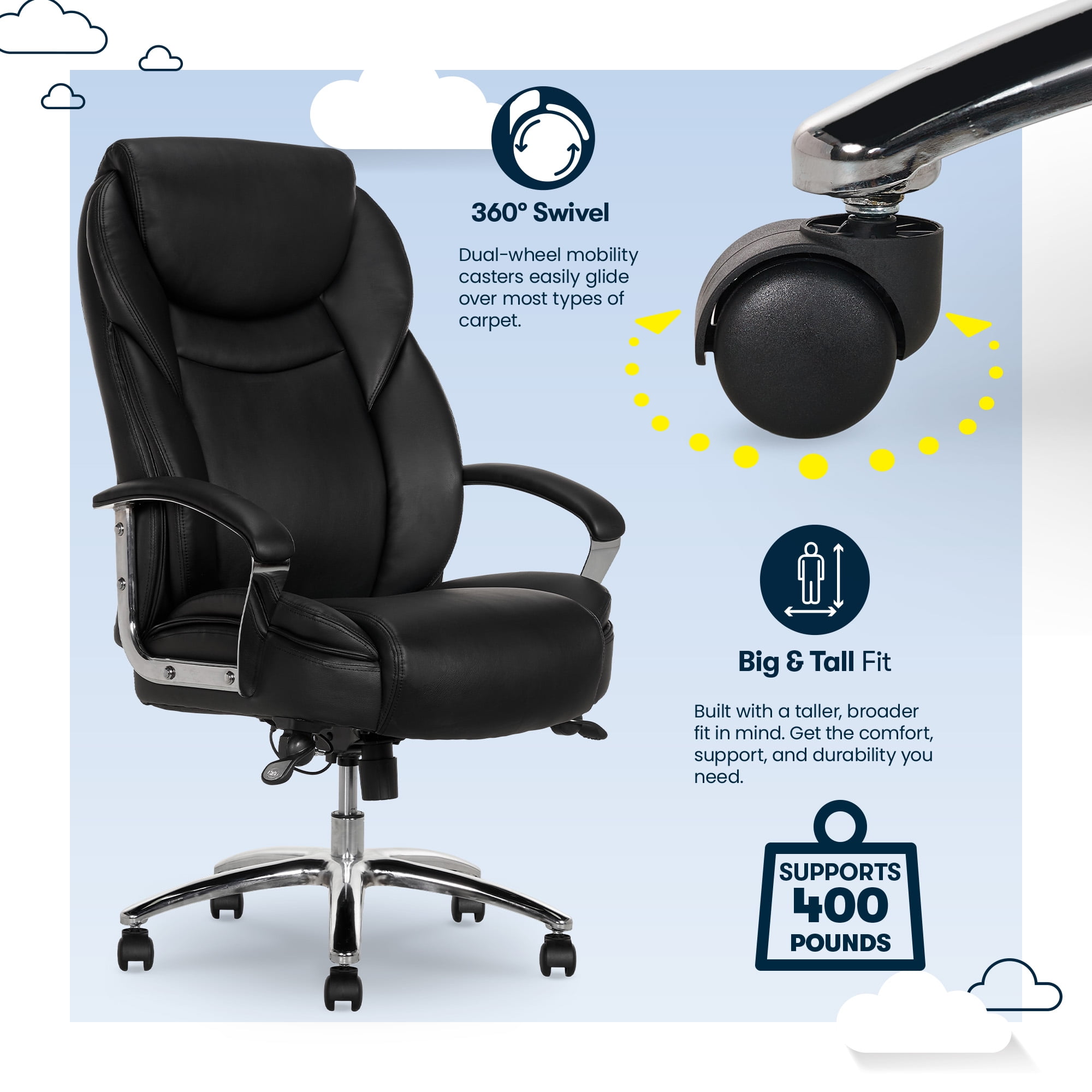 Serta Big & Tall Bonded Leather Commercial Office Chair with Memory Foam, Black