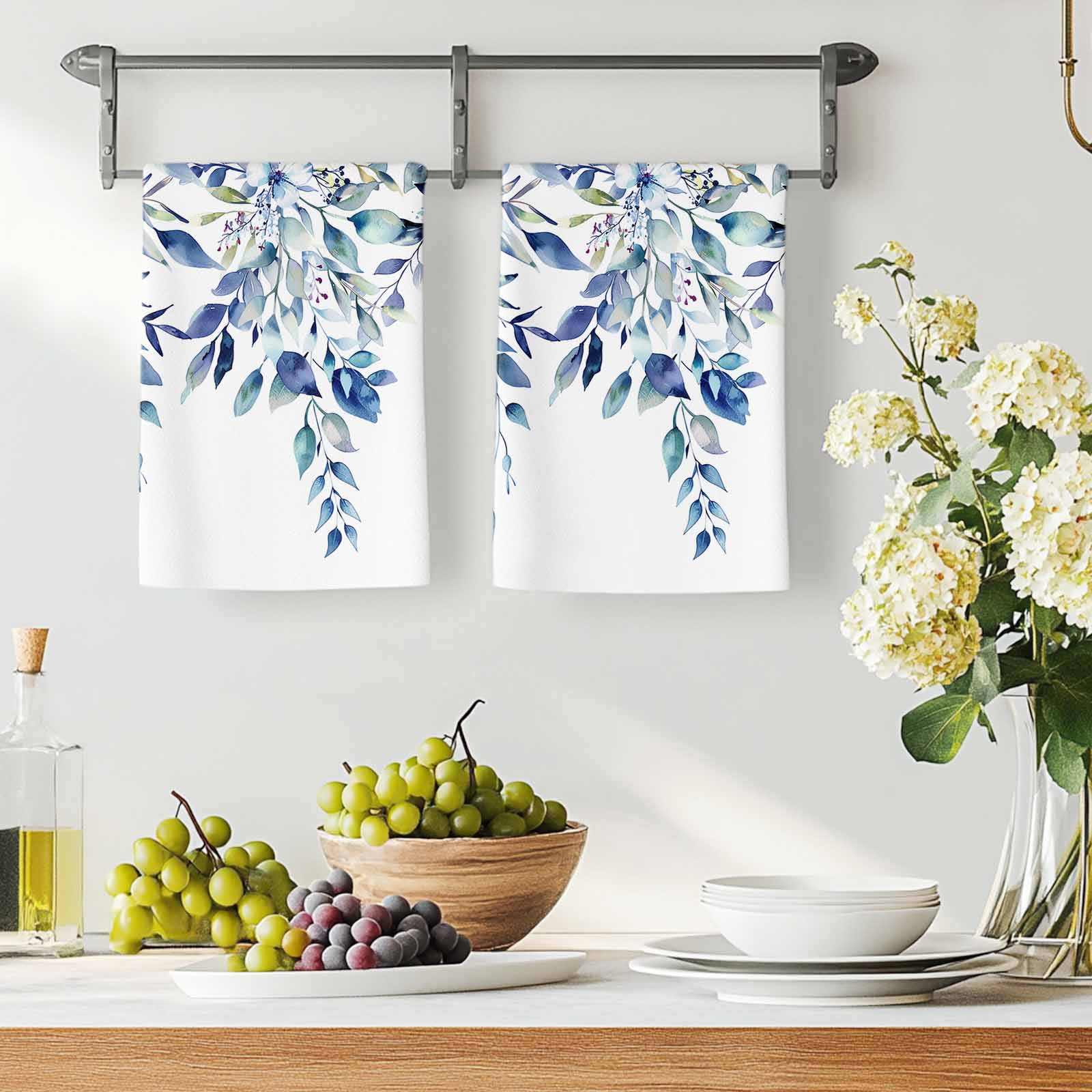 Blue Teal Eucalyptus Leaves Kitchen Towels Set of 2, Watercolor Weeping Botanical Soft Microfiber Dish Towels, Absorbent Washable Dishcloths for Kitchen Cleaning, Drying Dishes, 18x28 Inches