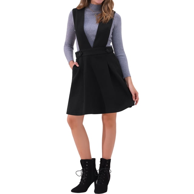 Allegra K Falda de Peto con Tirantes para Mujeres, Escote en V, Corte A, por encima de la rodilla, Vestido Pinafore M Negro