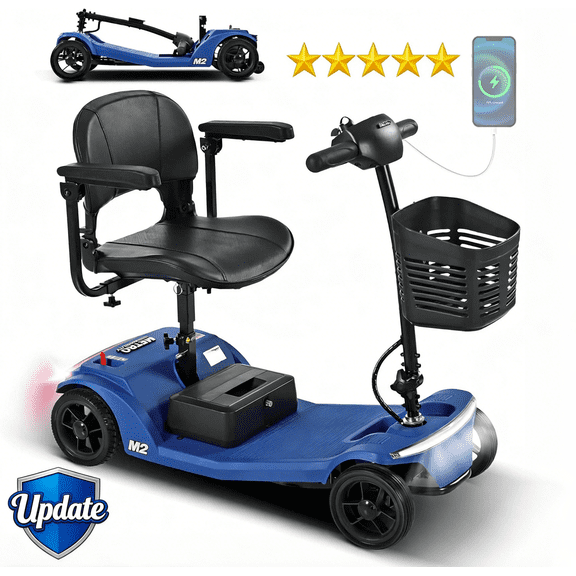 4-Wheel Foldable Mobility Scooter for Seniors, Portable Electric Power Scooter with Stable Anti-Tip Wheels, Rear Brake Light, USB charging port,Supports 330 lbs,Travel Scooter,Blue