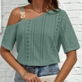 thumbnail image 2 of Women's One Shoulder Mesh Hole Tops Short Sleeve Solid Color T Shirt Summer Casual Tees Green,L, 2 of 5