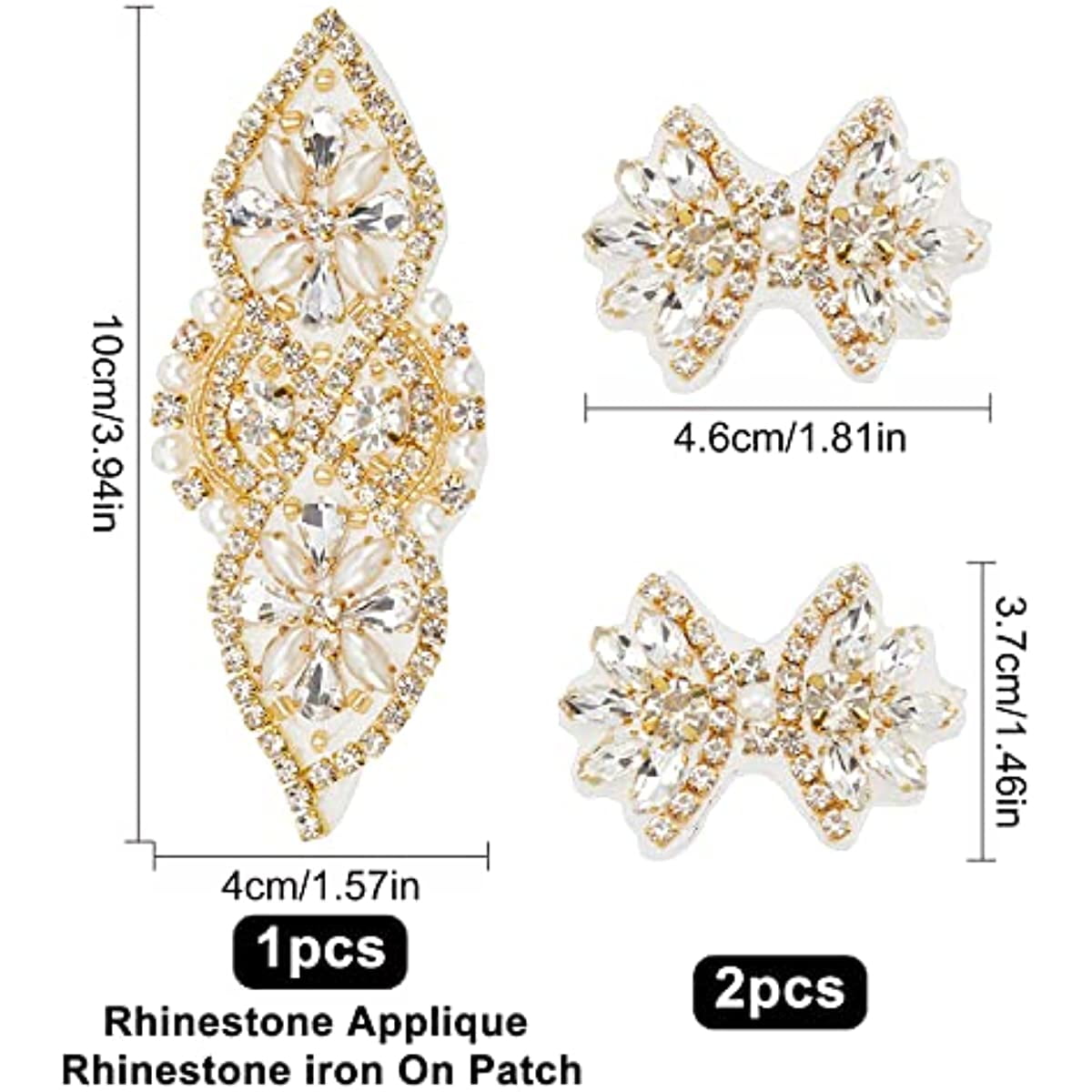 3Pcs 2 Style Rhinestone Applique with Beads for Wedding Dress Gold Iron  on/Sew Rhinestone Patch Rhinestone Sewing Flower Shape Hotfix Applique for  Dress Headpiece Belt Shoes or Bags 