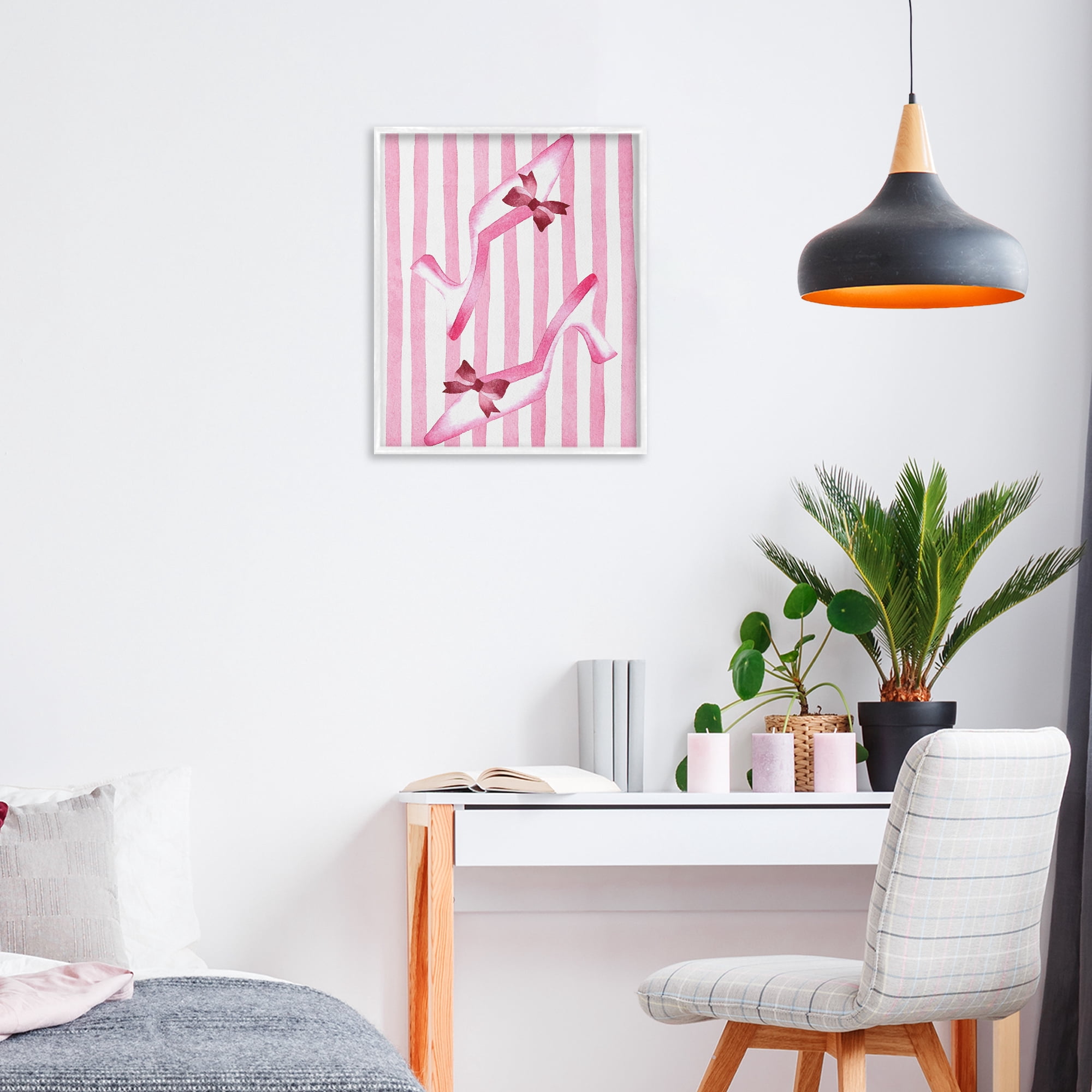 Stupell Industries Bow Heels on Pink Stripes White Framed Giclee Art, design by Camila Juncos