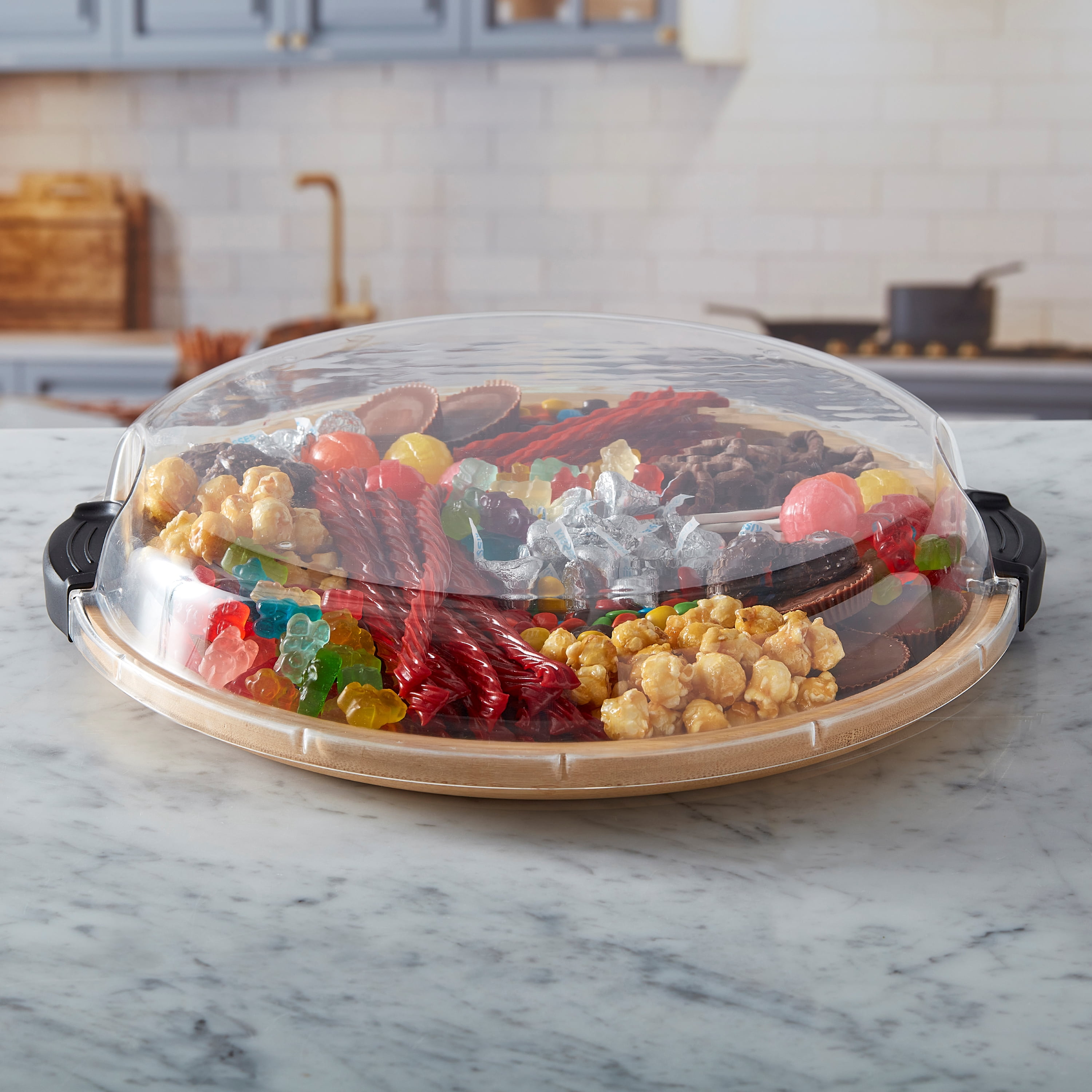 Farberware Build-a-Board 14 in Round Bamboo Charcuterie and Snack Board with Clear Locking Lid