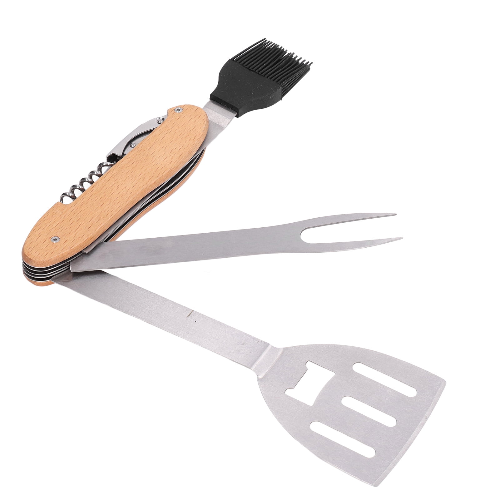 Suodoka 5 in 1 BBQ Tool Set Stainless Steel Foldable Spatula Brush Fork Bottle Opener Multipurpose Portable Grill Combo Kit for Outdoor Cooking and Camping