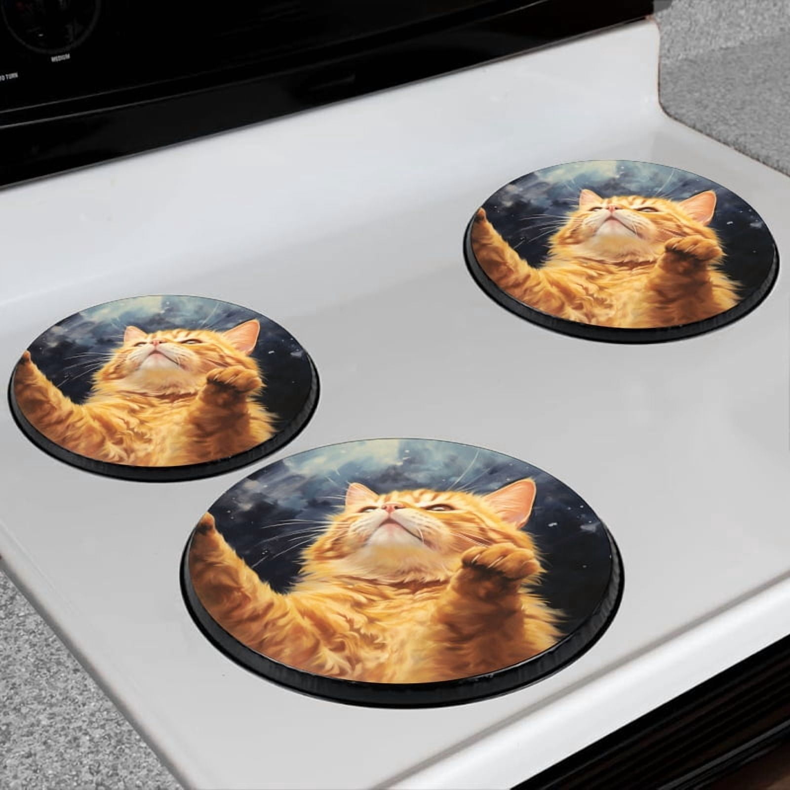 BaHomeck Electric Stove Burner Covers Set of 4,Round Metal Gas Stove Burner Covers 8 Inch and 10 Inch,Kitchen Decor,Happy Ginger Cat Reaching Up With Paws