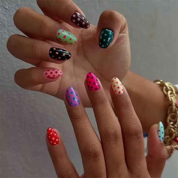 Buy 2 Get 1 Free 🌈 24Pcs Short Oval Press On Nails, Colorful Mix Polka Dot Fake Nails, Cute Rainbow Dot Glue On Nails with Jelly Stickers, Nail Buffer & Nail File for Women Daily Manicure