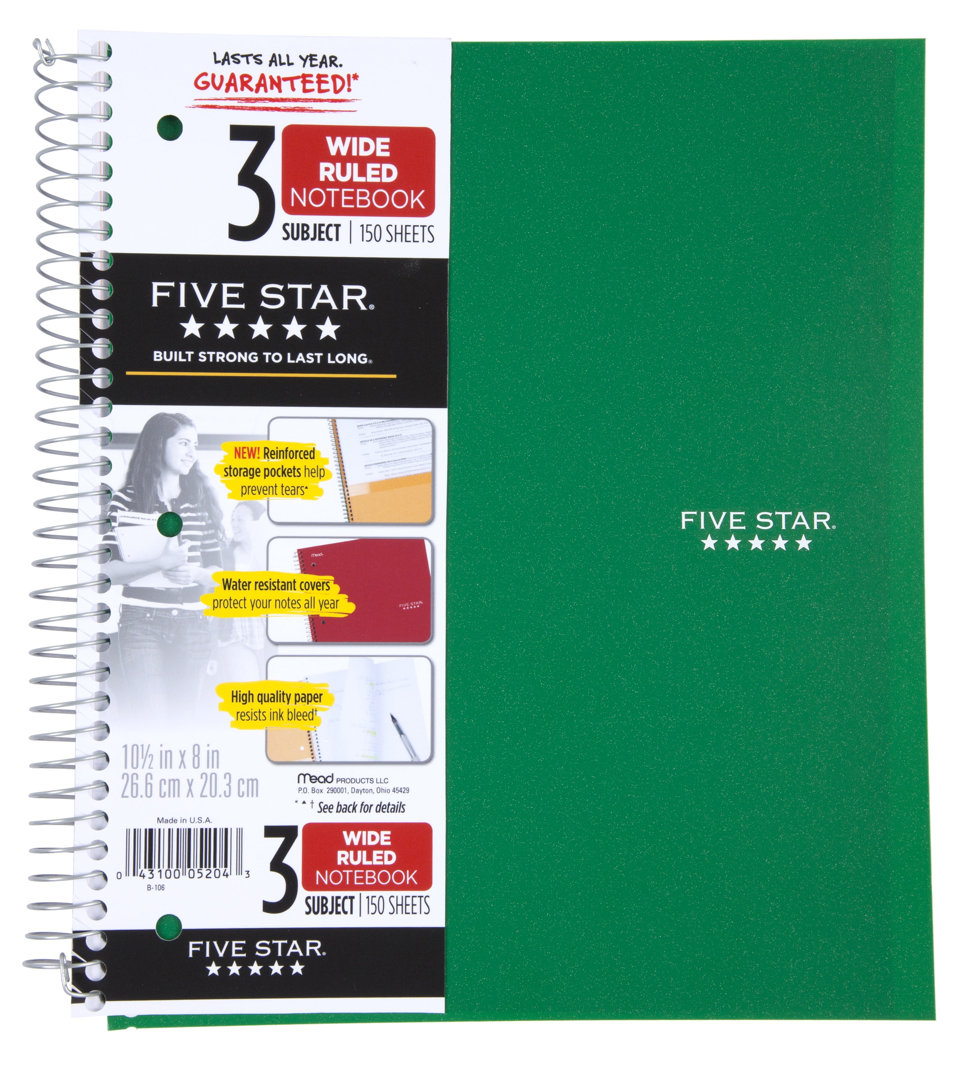 Five Star Wirebound Notebook, 3 Subject, Wide Ruled, 10 1/2" x 8