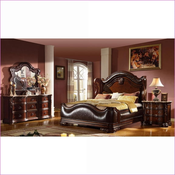 Bedroom Furniture Set, Queen 4pc Traditional Wood Dark Walnut | Wingback Beds | Double Dressers