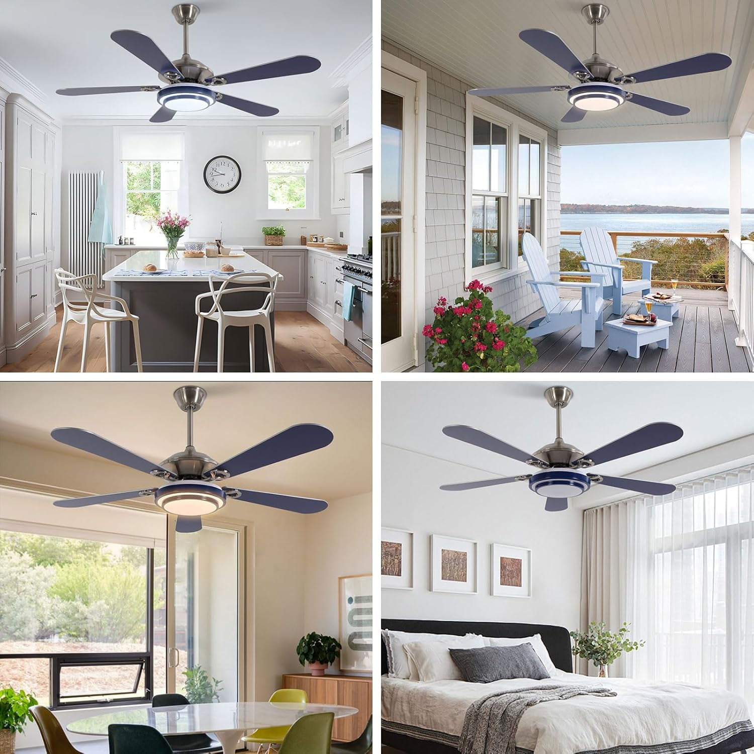 52" Ceiling Fans with Lights, Flush Mount Ceiling Fan Light with Remote Control, Reversible, Quiet, 6 Wind Speeds, Timing Function, for Bedroom Indoor Use, Blue