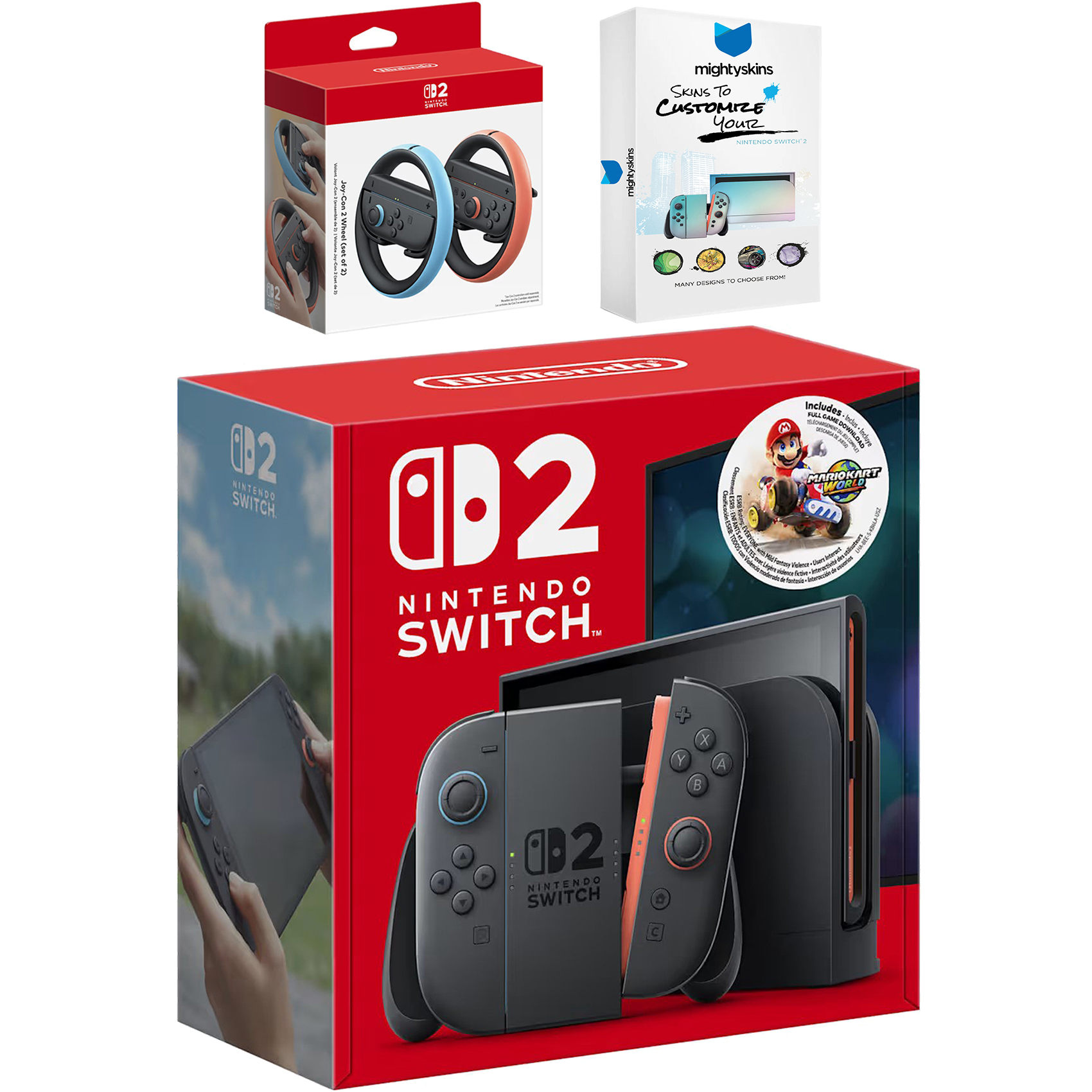 Nintendo Switch 2 Mario Kart World Bundle with Joy Con Wheel and MightySkins Code Bundle