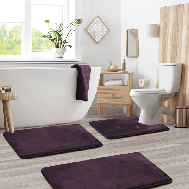 Set of 3 Clara Clark Bath Mat Bathroom Rug - Absorbent Memory Foam Bath Rugs - Non-Slip, Thick, Cozy Velvet Feel Microfiber Bathrug - Purple - Large 20"x32" - Small 17"x24" - Contour 24"x20"