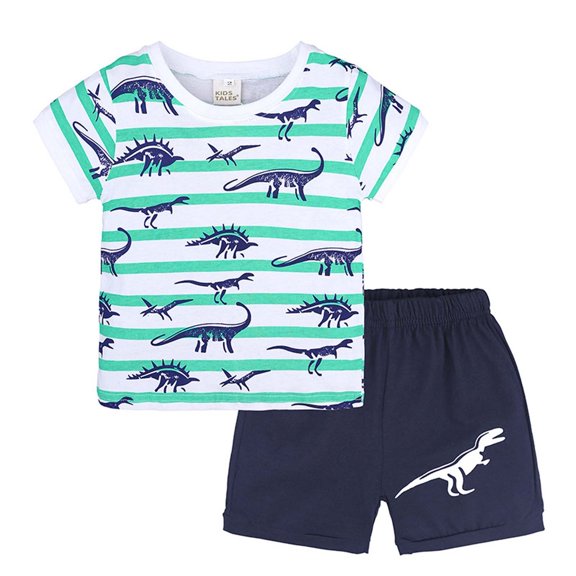 Toddler Boy Clothes Summer Outfits Dinosaur Print Short Sleeve Crew Neck Tops and Shorts Casual Sleepwear Set Size 12-18 Months ,Green