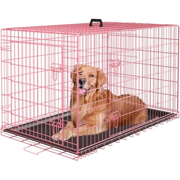 Large Dog Crate Kennel for Medium Large Dogs Metal Dog Cage Double-Door Folding Travel Indoor Outdoor Puppy Playpen with Divider and Handle Plastic Tray (48 Inch, Pink)