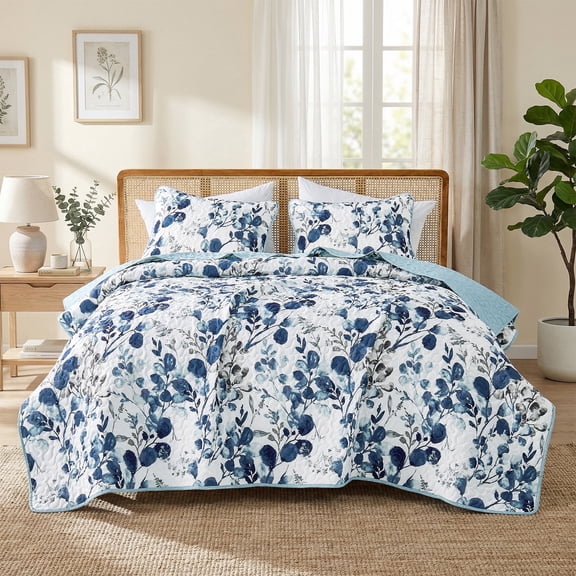Regency Heights Full/Queen Quilt Set, 3-Piece Reversible Floral Coverlet Bedding Set, Blue Botanical Quilted Bedspread with Shams for All Season