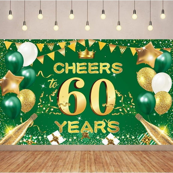 Green Gold Cheers 60TH Years Banner Backdrop, Green Gold Happy 60th Birthday Decorations for Women Men Her Him Anniversary Photography Party Supplies