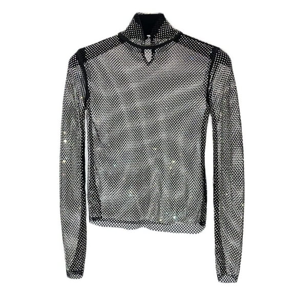 YM YOUMU Women Rhinestone Sheer Mesh Tops See Through Shirt Long Sleeve Glitter Shiny Blouse