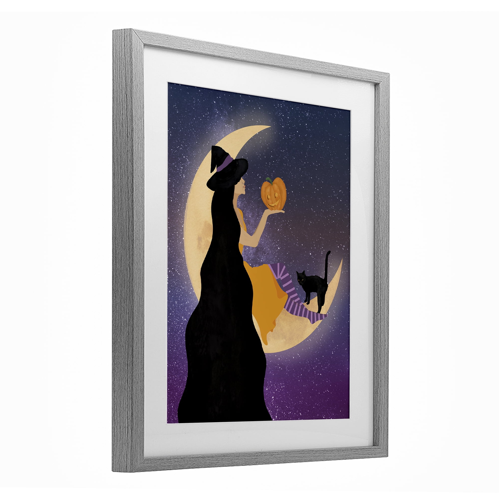 Stupell Industries Moonlit Witch Holding Jack-o-Lantern Gray Framed Print Under Glass, design by Daniela Santiago