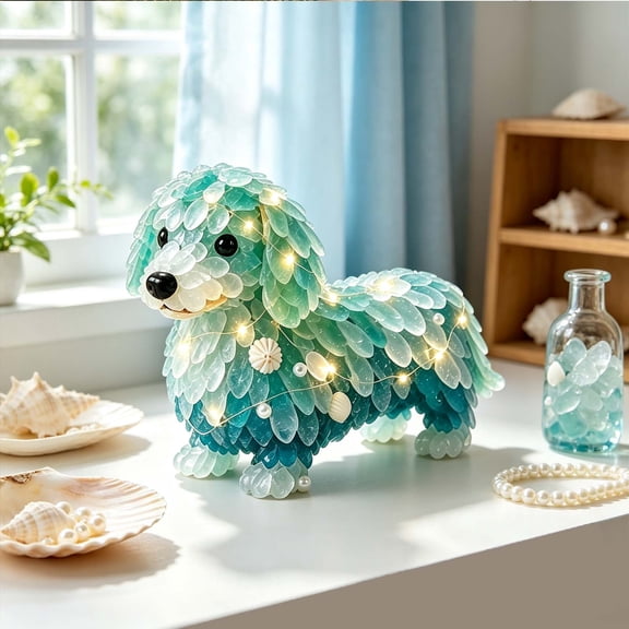 Sea Glass Art Kit, DIY Dachshund Figurine with LED String Lights, Tabletop Home Decor Gift for Adults and Teens