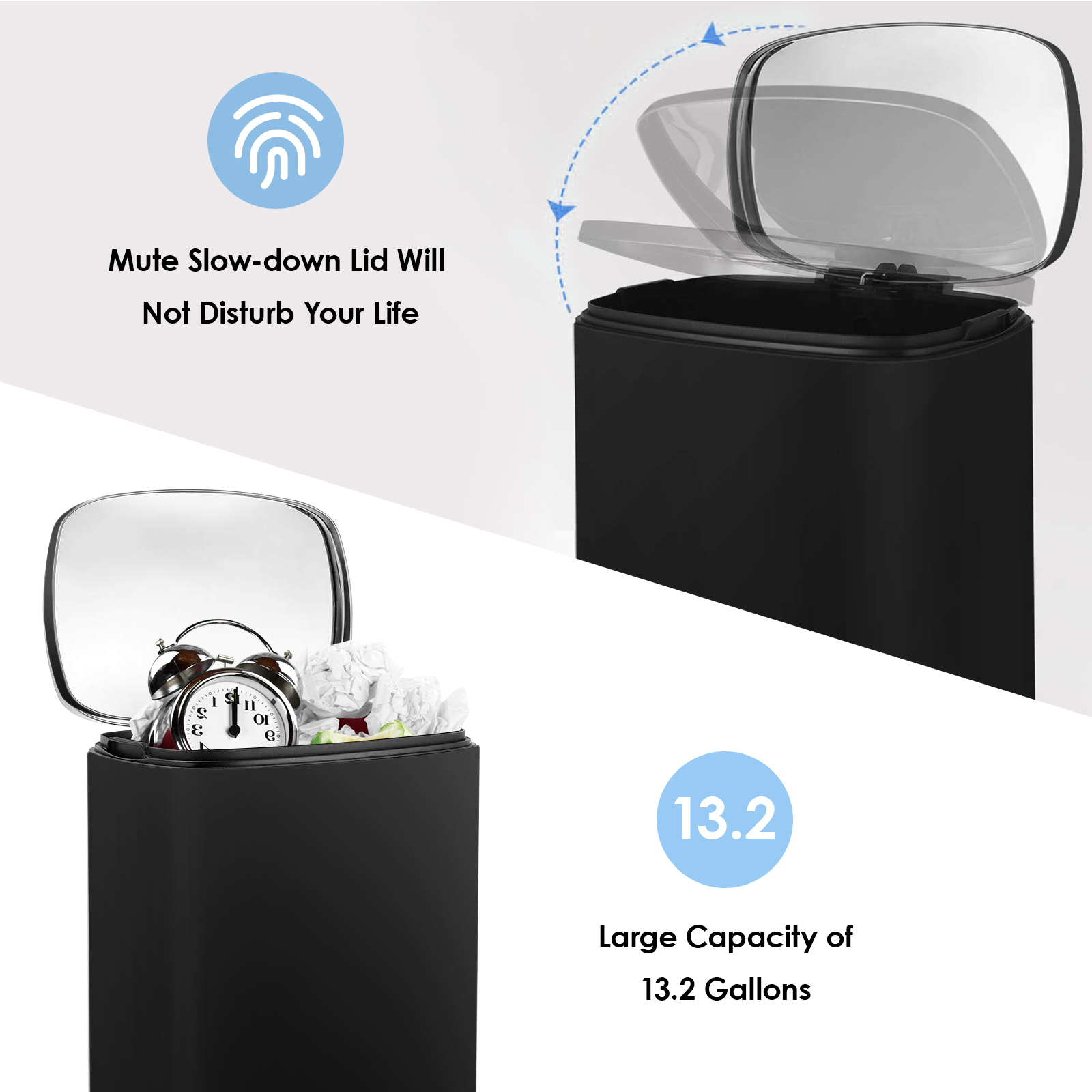 TLSUNNY 13.2 Gallon Kitchen Trash Can, Stainless Steel Step Bin with Pedal & Inner Bucket, Soft Close Lid, for Office, Home