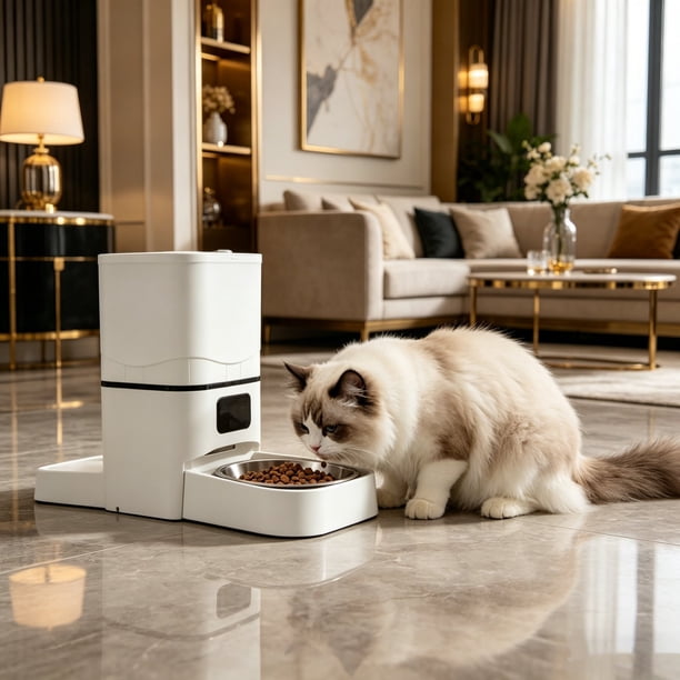 Comedero automático para mascotas de 6L con doble recipiente, temporizador, control remoto, función de voz, doble fuente de alimentación y bandejas de comida extraíbles para perros y gatos.