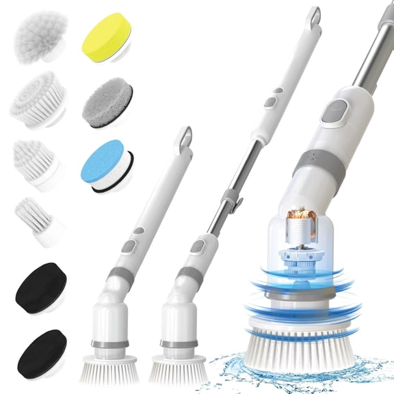 Cordless Electric Spin Scrubber with 8 Replaceable Brush Heads, Adjustable Long Handle Rotating Bathroom Cleaning Brush