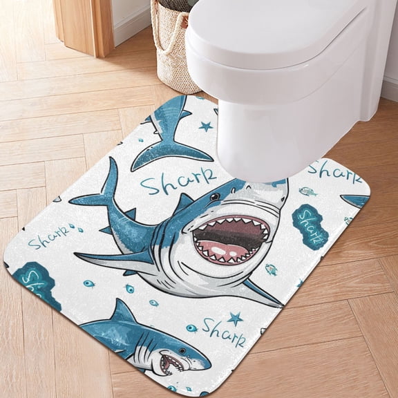 Toilet Rug U-Shaped Bathroom Rugs Non-Slip Soft Plush Machine Washable Contour Bath Mat Cartoon Sharks and Stars 24x20