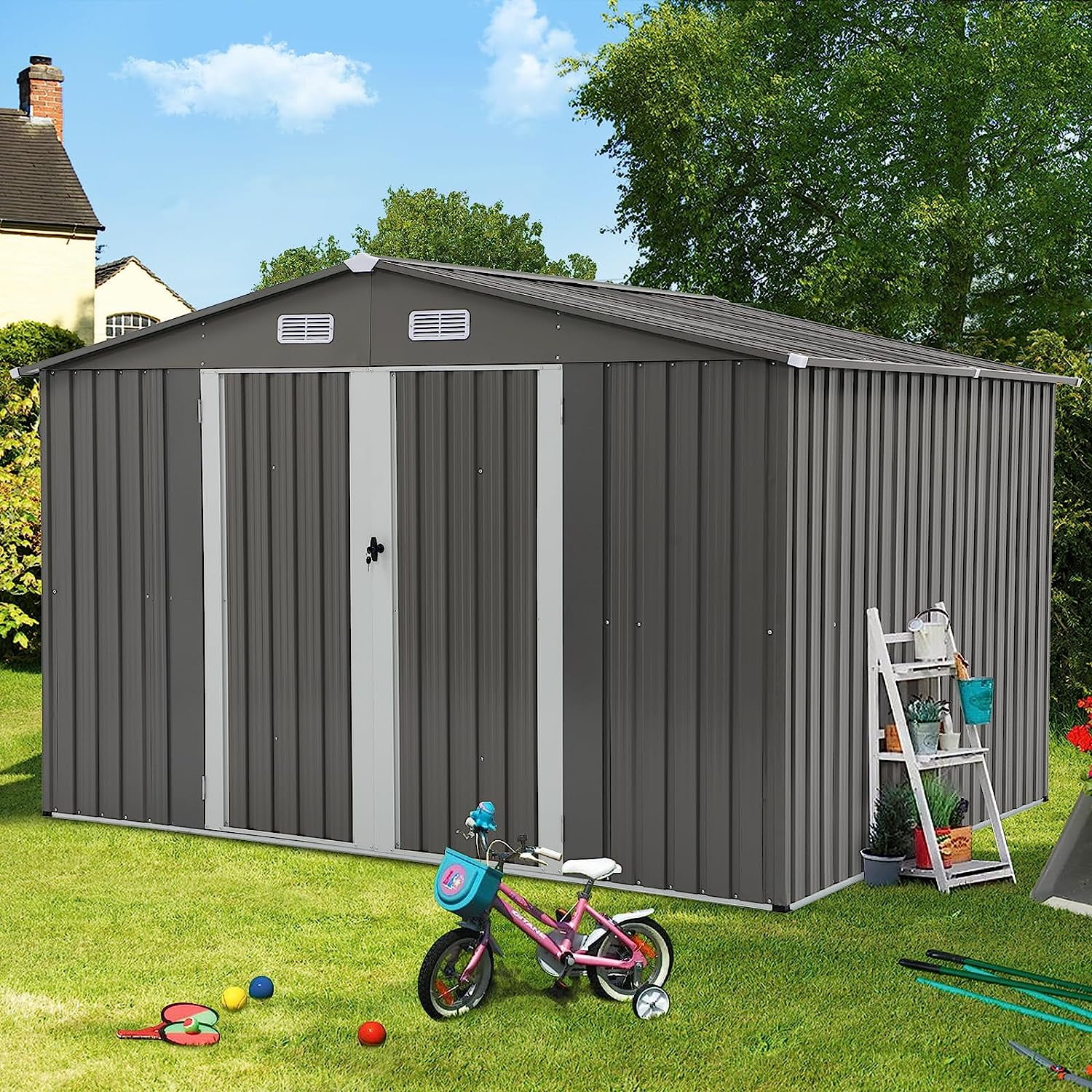 JOIVI Outdoor Storage Shed, 8'x10' Large Galvanized Steel Metal Garden Shed, Double Door W/Lock, Outdoor Storage House for Backyard Patio Lawn, Gray