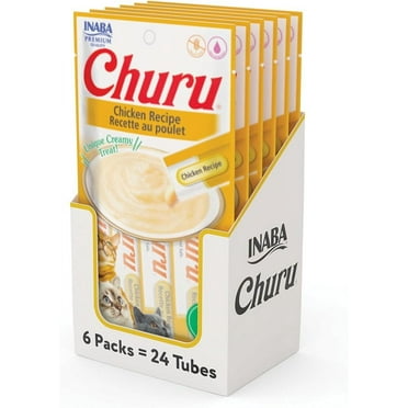 INABA Churu Cat Treats, Grain-Free, Lickable, Squeezable Creamy Purée Cat Treat/Topper with Vitamin E & Taurine, 0.5 Ounces Each Tube, 24 Tubes (4 per Pack), Chicken Recipe