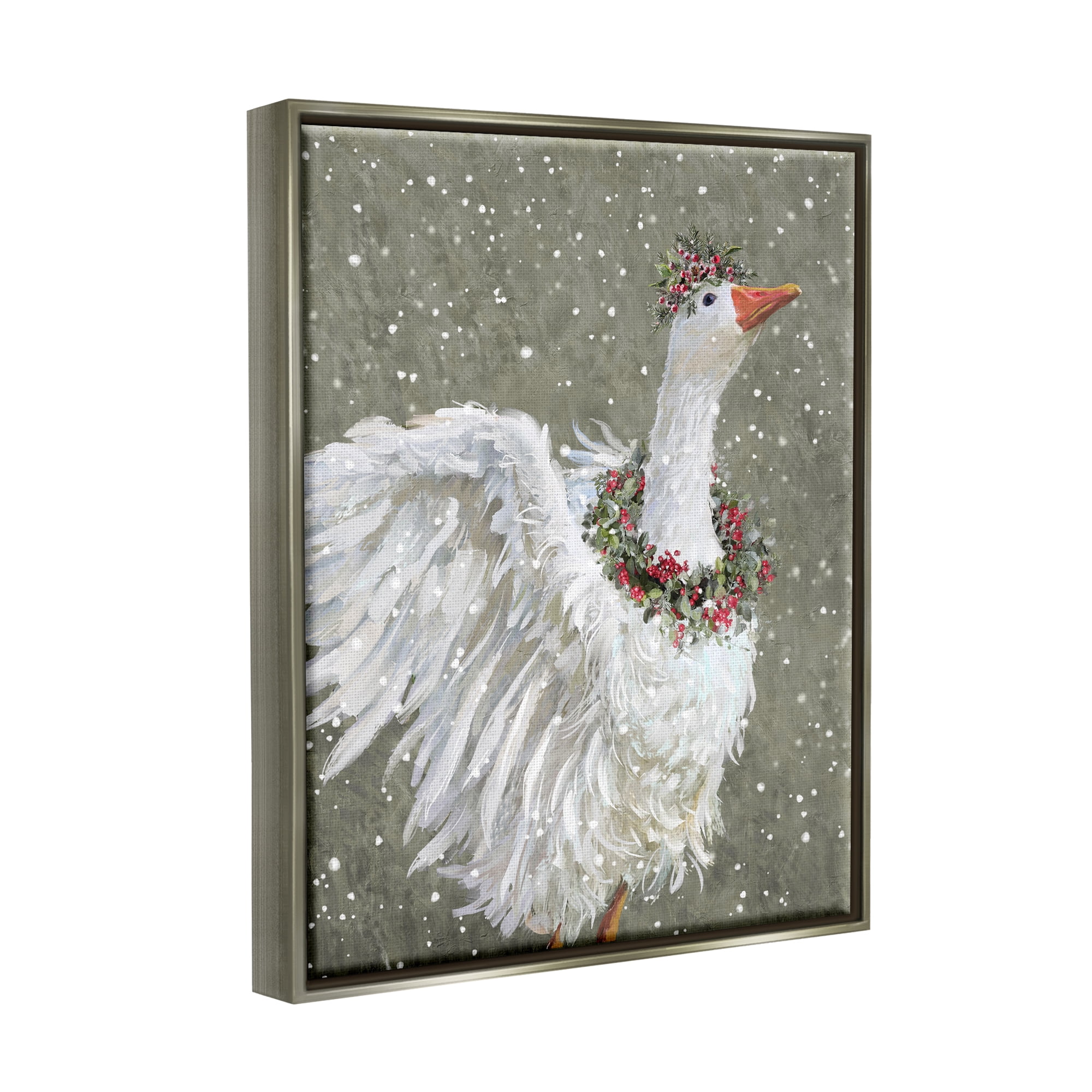 Stupell Industries Winter Goose Seasonal Botanicals Holiday Painting Gray Floater Framed Art Print Wall Art