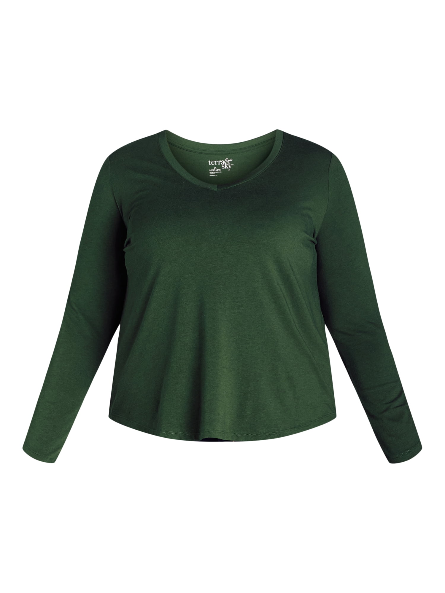 Terra & Sky Women’s Plus V Neck Tee with Long Sleeves, Available in 1 and 3-Packs, Sizes 0X-5X