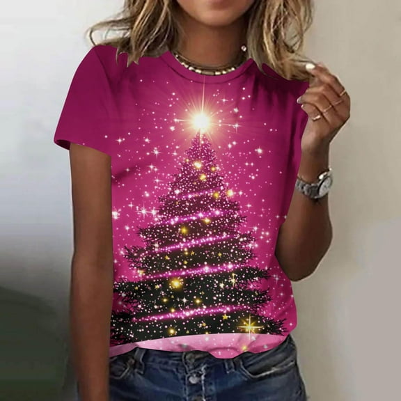 Craaazy Women's Shirts Christmas Printed Short Sleeved Round Neck Top Gifts