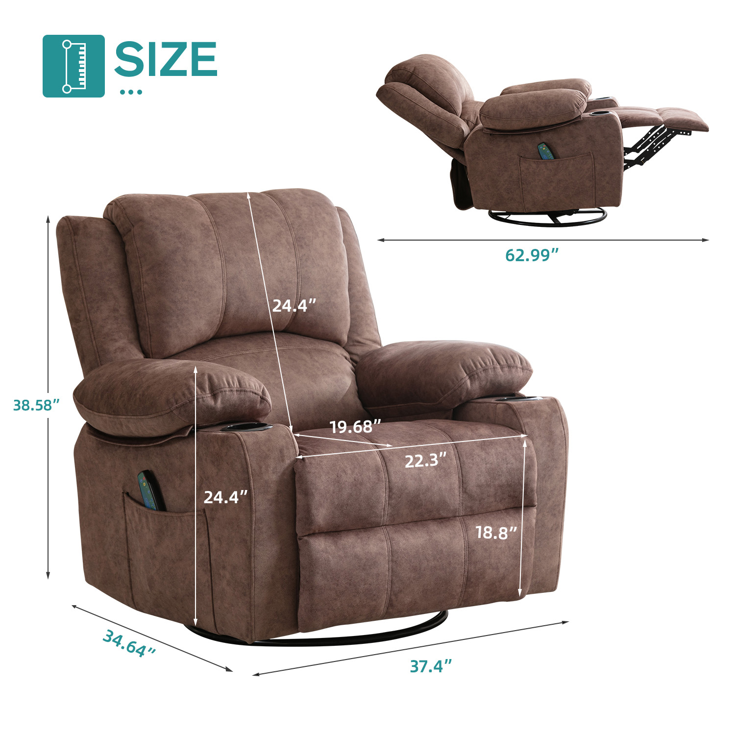 JONPONY Kneading Massage Rocker Recliner Chair with 4-Point 3D Kneading Massage and Heat Ergonomic Lounge Chair for Living Room with Rocking Function and 2 Cup Holders, USB Charge Port,Brown