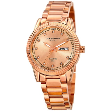 Diamonds Rose Alligator Watch - Women's Quartz Diamond Date Stainless Steel Rose-Tone Bracelet Watch with FREE Bangle