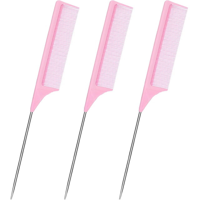 Paquete de 3 peines de cola de rata para el cabello, juego de peine de dientes finos para separar cola de rata, peine de metal para desenredar, resistente al calor, peine de fibra de carbono y cola de