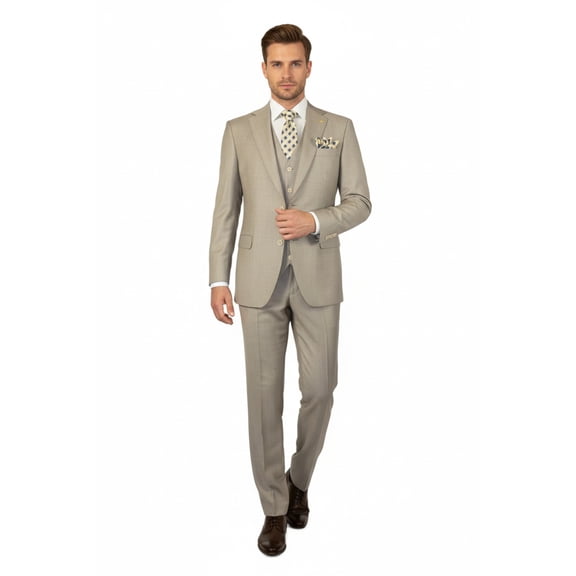 Men Suit BERLUSCONI Turkey 100% Italian Wool Super 180's 3pc Vested #Ber13 Beige