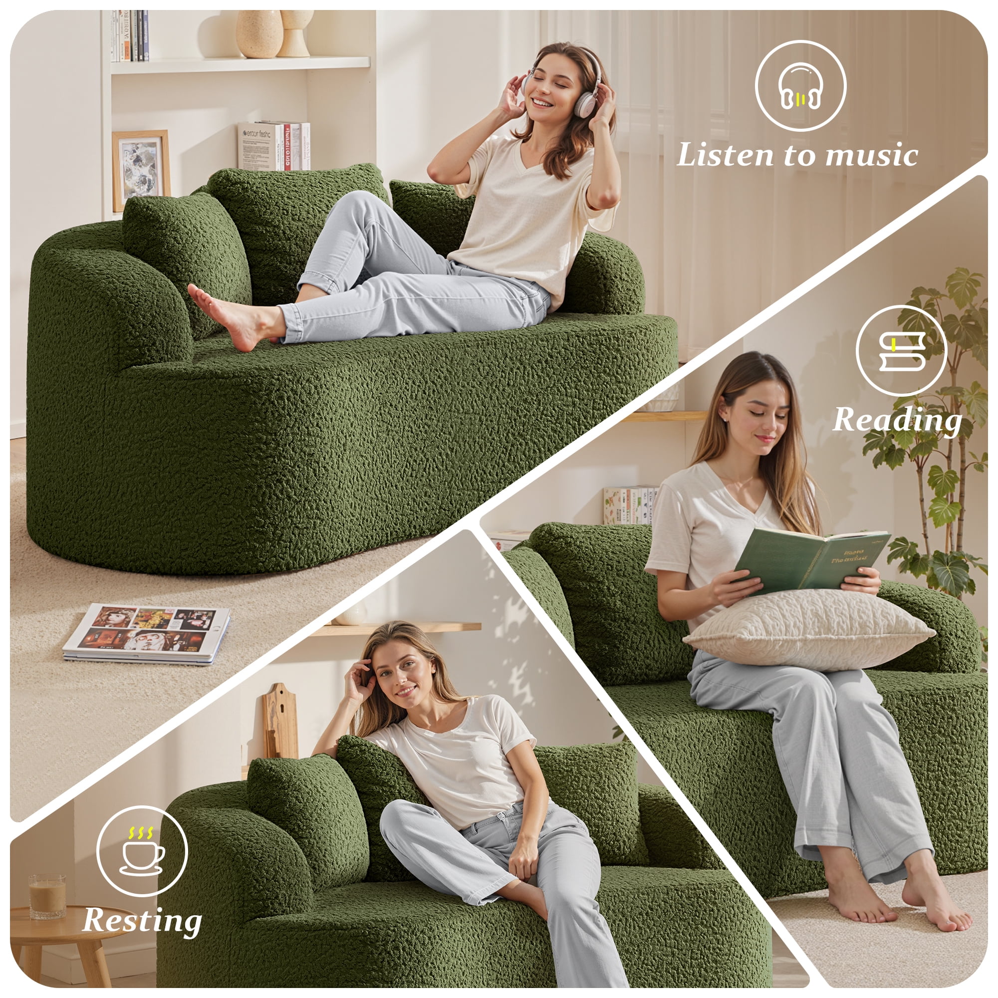 COOLHUT 65" 3 Seater Sofa Couch, Plush Floor Sofa Couch with Cozy Cushions & 3 Pillows, Curved Back Teddy Fabric Sofa for Living Room, Small Space, Green (Sofa-in-a-Box)