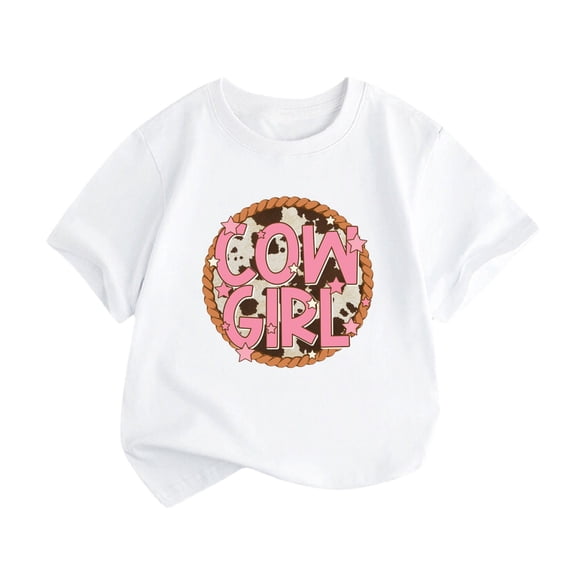 LNMQLPDBS Toddler Girl Shirts Cowgirl Letters Graphic Print Tops Short Sleeve Crewneck Casual Tshirt Summer Basic Layering Tees for Baby Girls White 2-4 Years