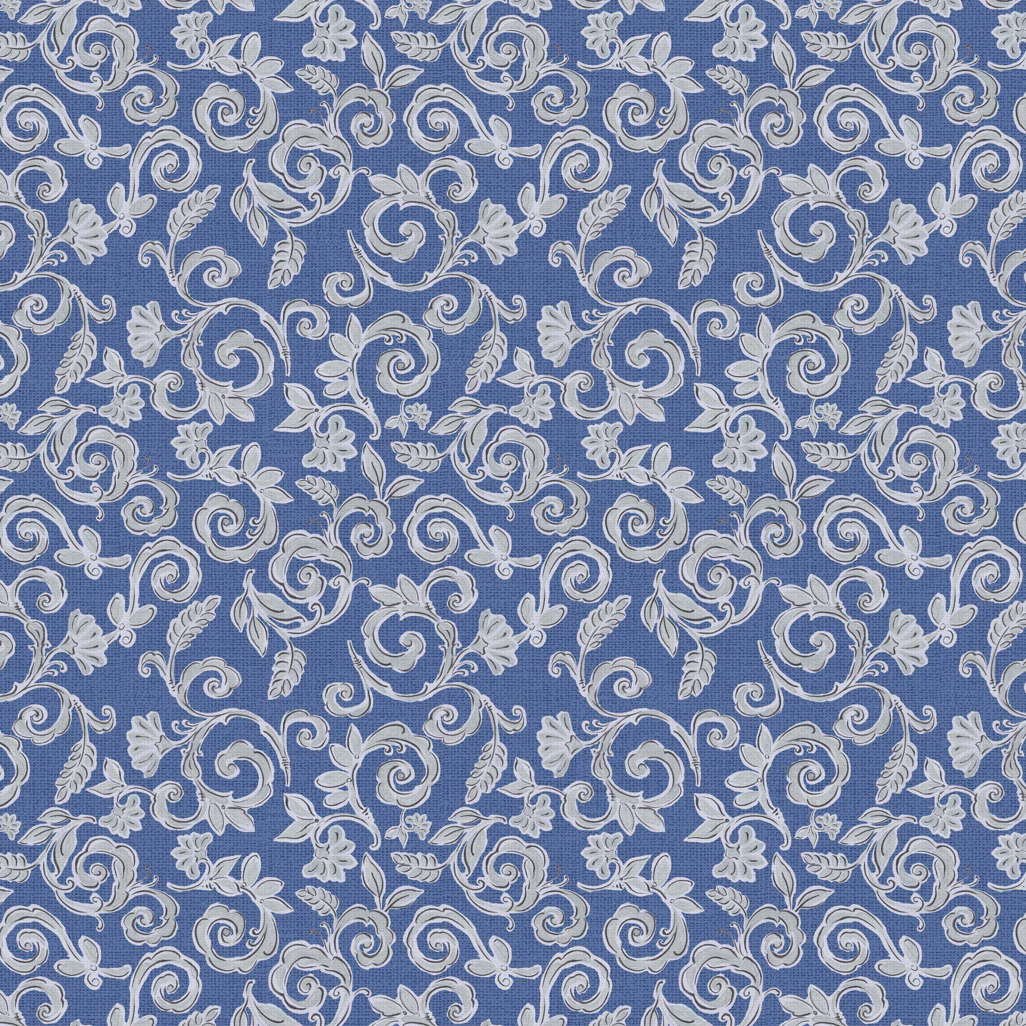 David Textiles Morning Bloom Swirly Floral Blue Cotton Fabric by the Yard