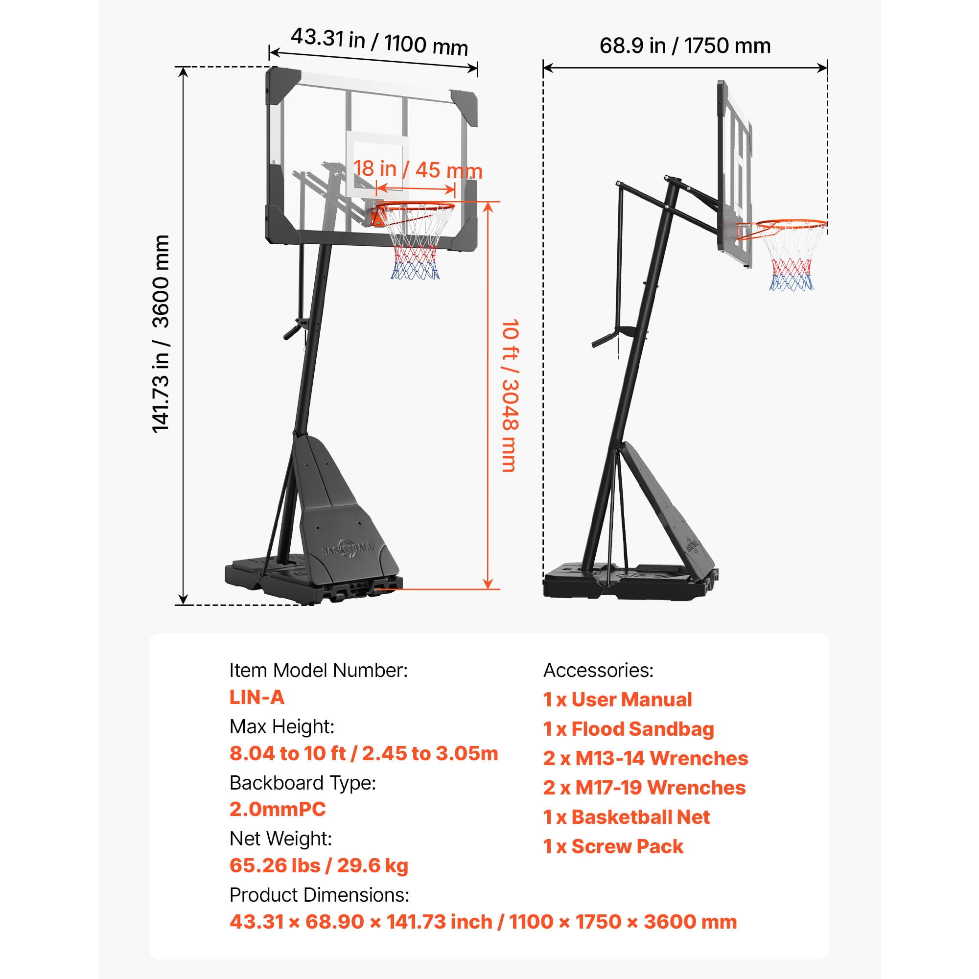KFFKFF Portable Basketball Hoop with Adjustable Height (8.04 to 10 ft), 44-Inch PC Backboard for Indoor and Outdoor Play, Suitable for Kids and Adults in Schools, Parks, and Home Settings