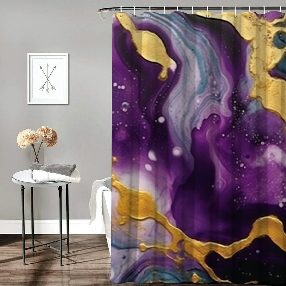Pratyus Purple and Gold Substance Quick-Drying Bathroom Shower Curtain Set with Hooks, 100% Polyester Fabric, Washable, Various Sizes 69x72