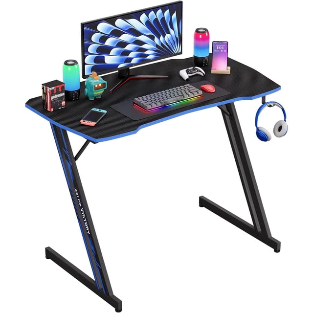 PayLessHere 39" Gaming Table Blue Z-Shaped Computer Desk, Steel Frame, Headphone Hook, Adjustable Feet Carbon Fiber Texture Surface