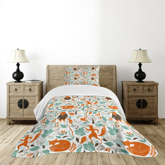 Ambesonne Fox Quilted Bedspread Set 2 Pcs, Funny Garden, Twin Size, Turquoise Orange Brown