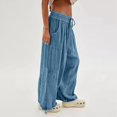 thumbnail image 4 of Womens Casual Loose Fit Wide Leg Cotton Pants Drawstring Stitching Baggy Pants Trousers with Pockets Blue L, 4 of 9