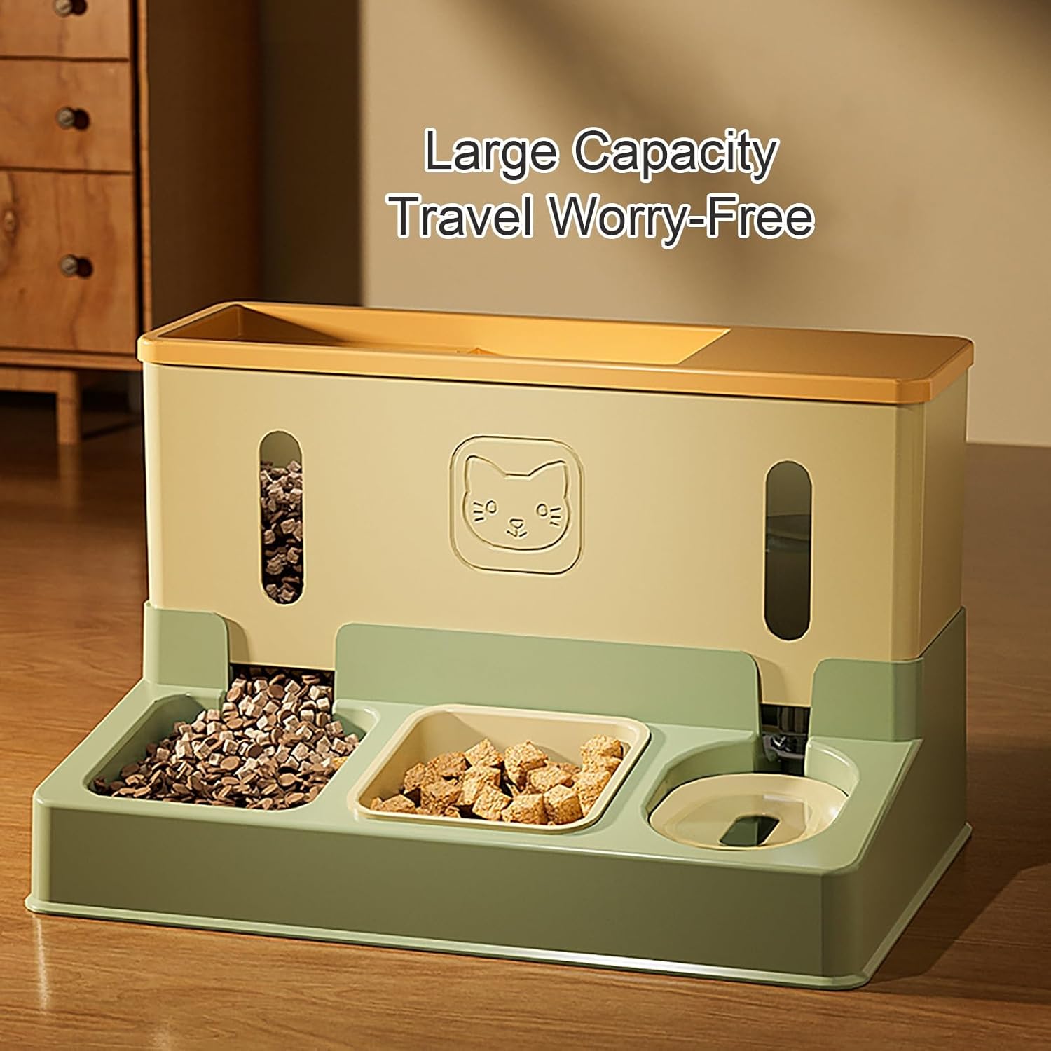 Colourtree Grass Green Cat Food and Water Dispenser Automatic Dog Feeder Waterer 3 in 1 Auto Pet Food and Water Bowl Set Self Feeding for Puppy Kitten