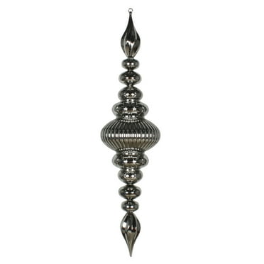 Vickerman 41" Pewter Shiny Finial. This large ornament is an eye catching addition to any holiday decorating project. It features a metal hook for hanging. Made with shatterproof plastic.