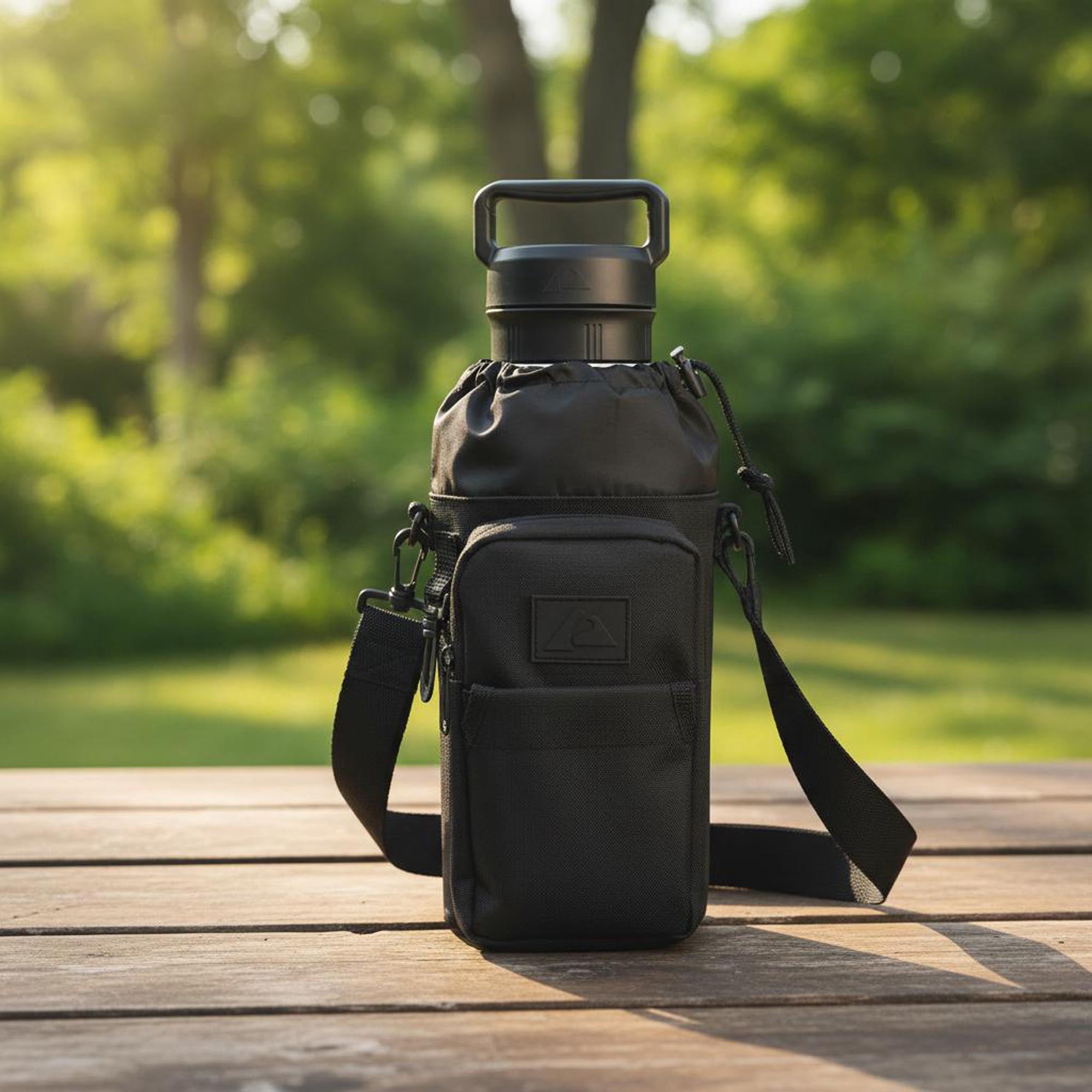 (3 pack) Ozark Trail 32-40 fl oz Water Bottle Sling with Shoulder Strap and Front Zipper Pocket, Black